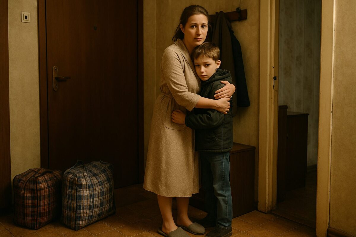 Женщина в халате обнимает маленького мальчика в куртке в прихожей — начало новой жизни.