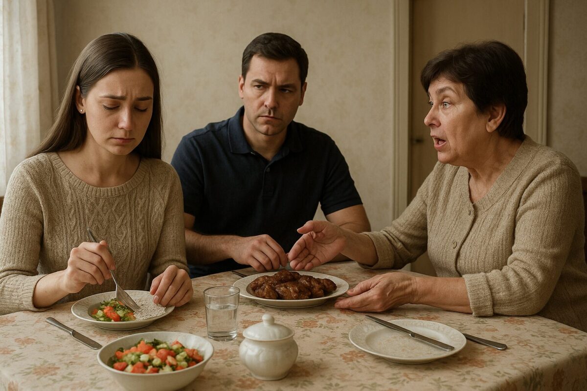 Молодая женщина с грустным лицом ковыряет салат, рядом мужчина смотрит хмуро, а пожилая женщина что-то эмоционально говорит, протягивая тарелку с котлетами.