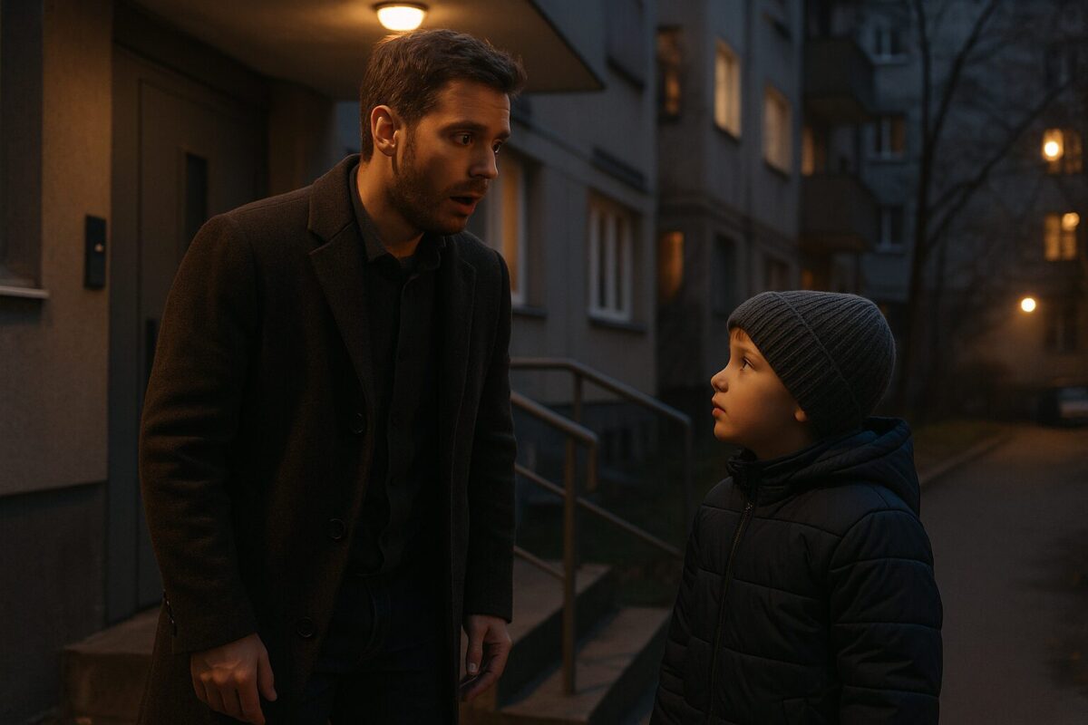 Мужчина с мальчиком у подъезда, в глазах — узнавание и шок.