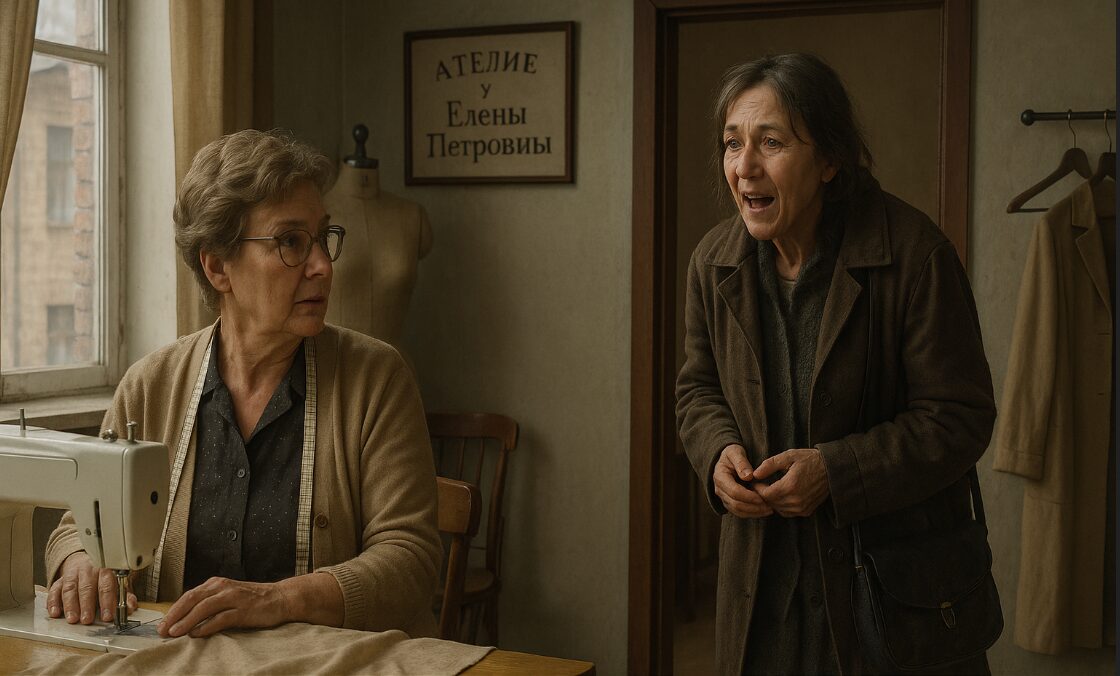 Ателье: Елена Петровна в очках за швейной машинкой оборачивается на сестру Тамару в поношенном пальто. Вокруг ткани, манекен с платьем, чайник на столике. Атмосфера — неожиданная встреча, напряжение, долгие годы разлуки. Ключевые слова: ателье, сестры, встреча, швейная машинка, платье, эмоции.