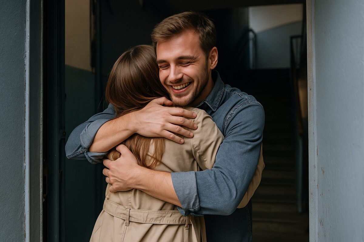 Мужчина в подъезде обнимает девушку, вернувшуюся к нему после долгой разлуки.