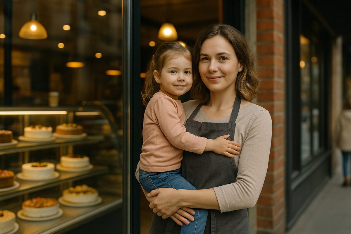 Ирина держит на руках дочку на фоне витрины своей кондитерской, полная решимости и спокойствия.