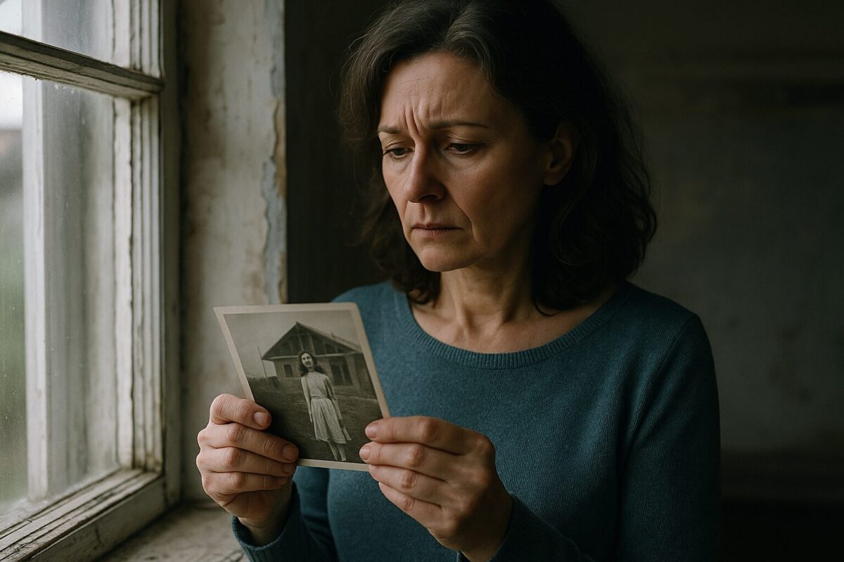 Женщина смотрит на старую фотографию у окна, на её лице — боль и прозрение. Изображения созданы