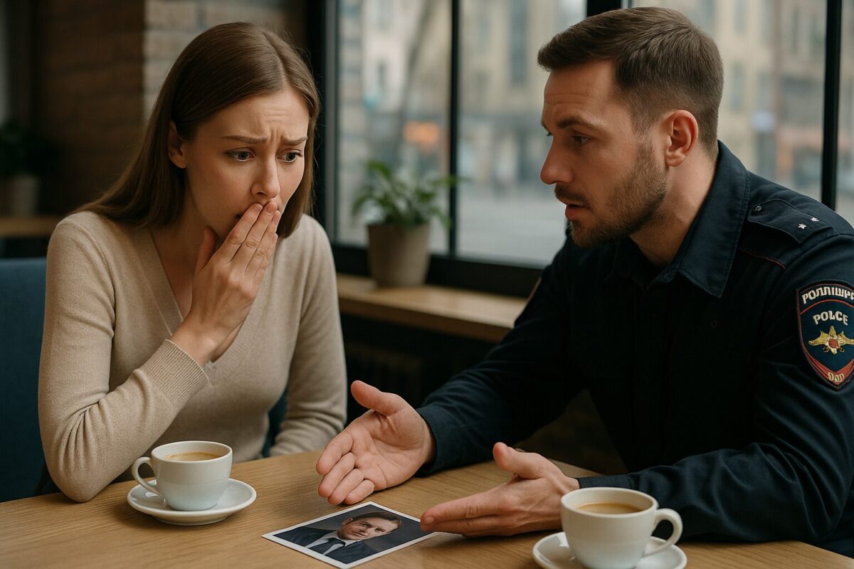 Алёна в кофейне в шоке смотрит на фотографию Артура Артуровича, которую положил перед ней полицейский.