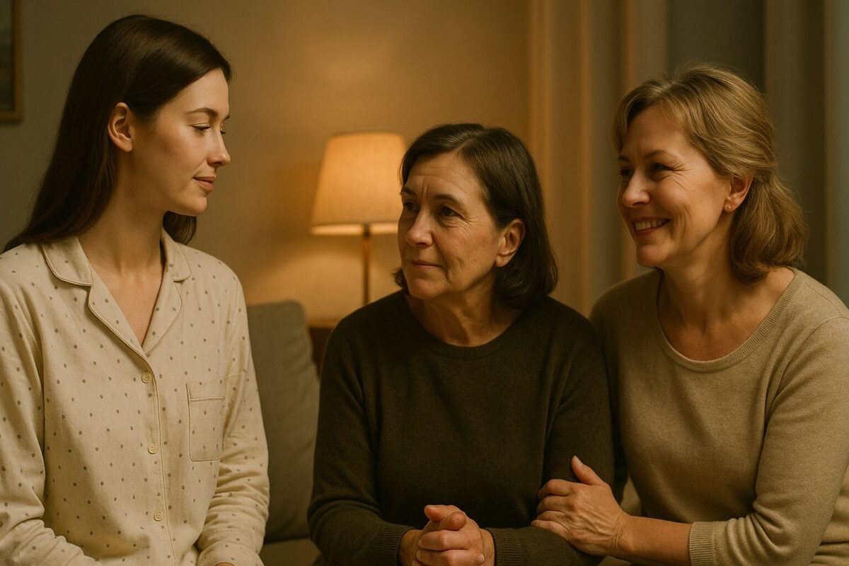 Молодая женщина в светлой пижаме сидит рядом с двумя старшими женщинами в тёпло освещённой комнате; одна из них с мягким, строгим взглядом, другая — с тёплой улыбкой, атмосфера примирения и уважения.