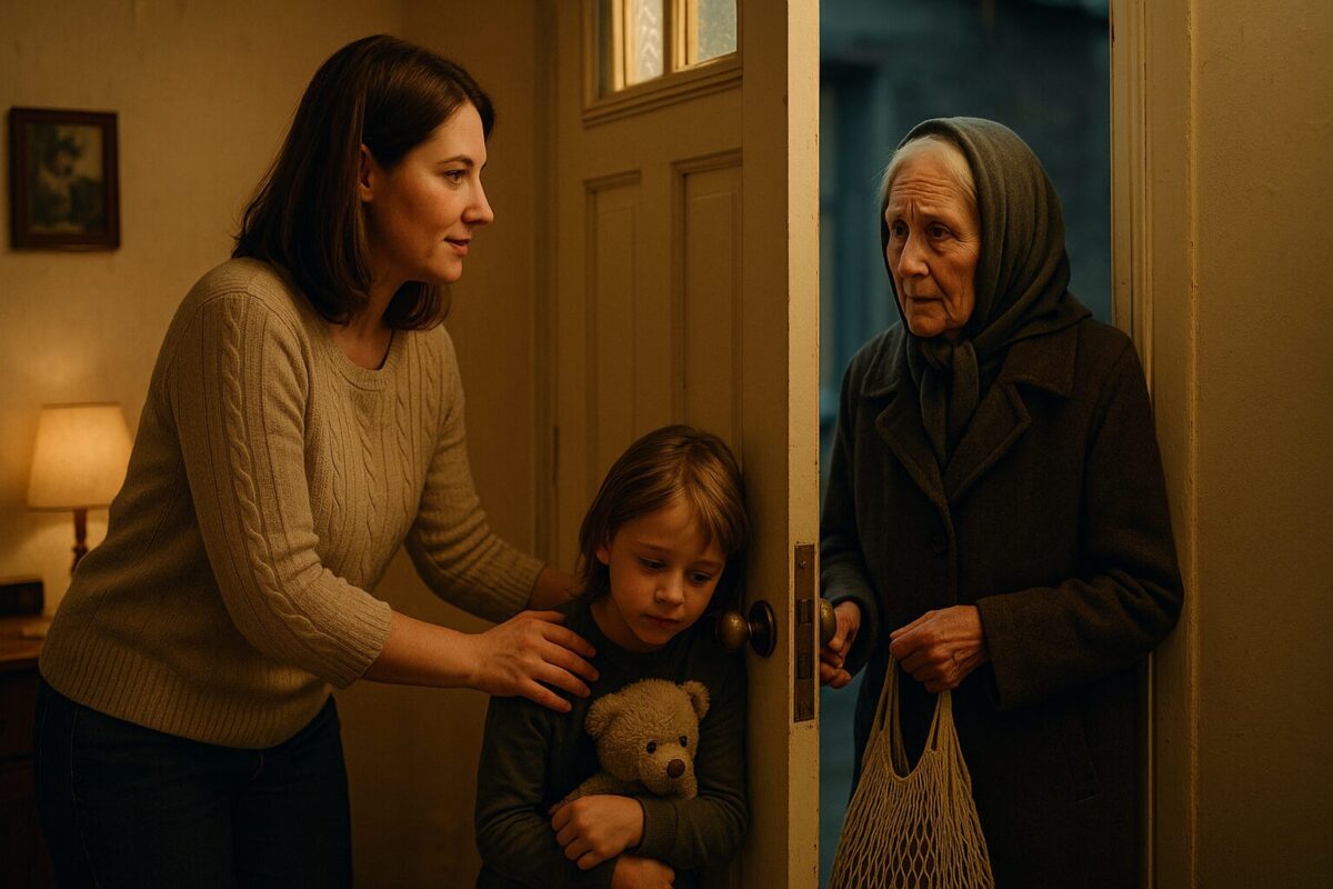 Женщина с каштановыми волосами открывает дверь пожилой худощавой женщине в старом пальто с авоськой в руках; сцена наполнена тёплым домашним светом и лёгким напряжением.