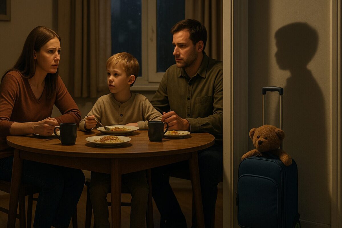 Семья за ужином, в прихожей стоит чемодан — момент выбора и принятия.