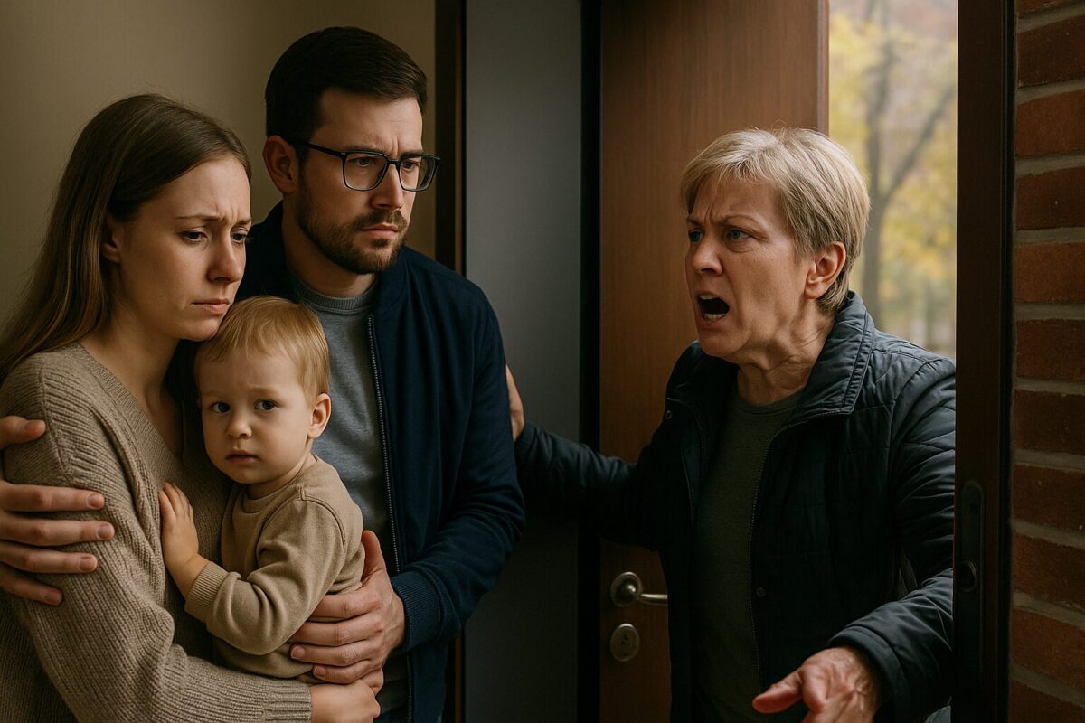олодая женщина с усталым лицом держит на руках маленького ребенка, рядом мужчина в очках обнимает их, на пороге квартиры стоит разъярённая женщина 50 лет с короткой стрижкой,