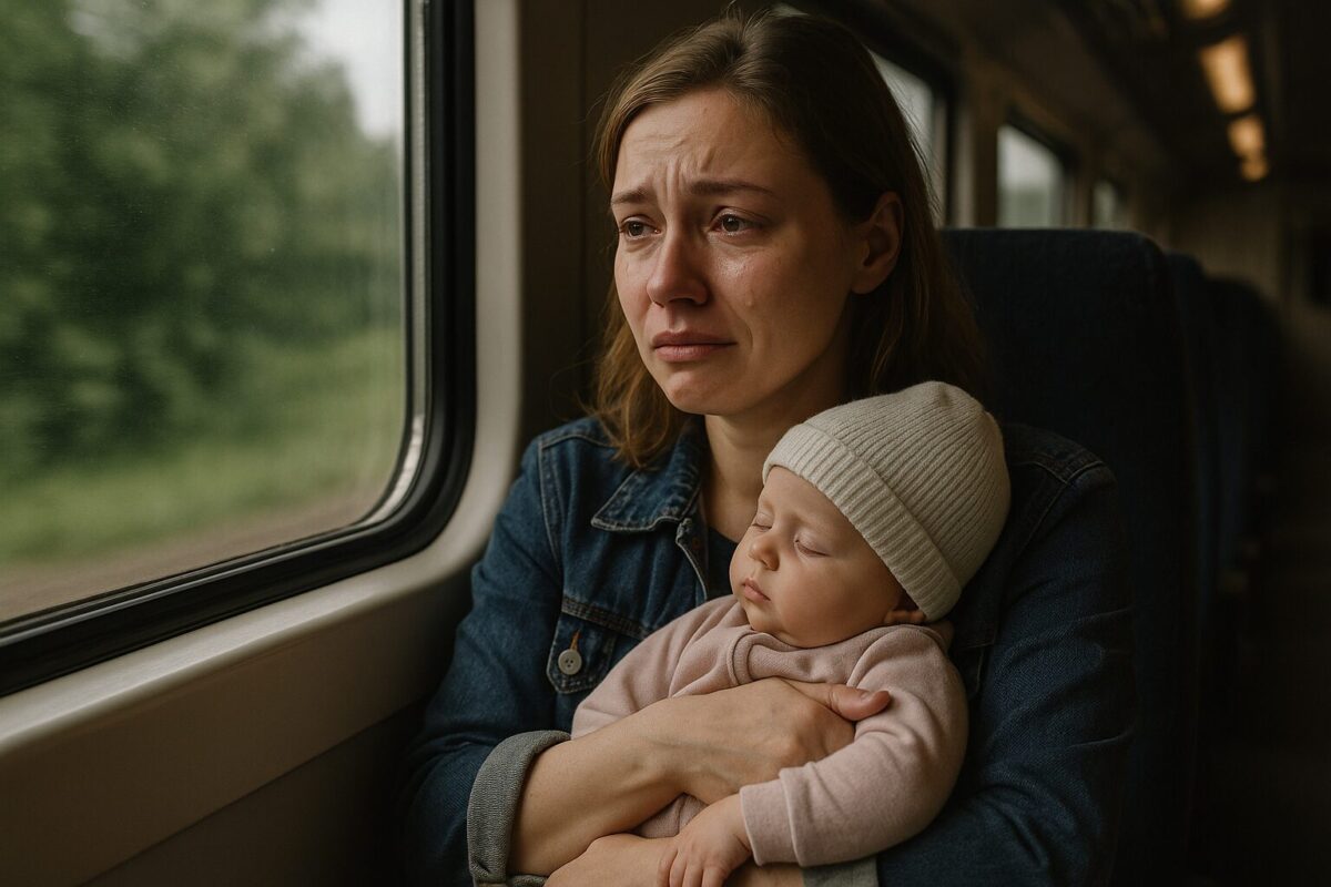 Молодая женщина с младенцем на руках уезжает на поезде, слёзы и облегчение на лице.