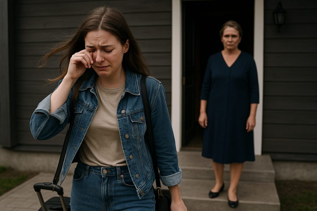 Невестка в слезах уходит из дома, свекровь стоит на крыльце.