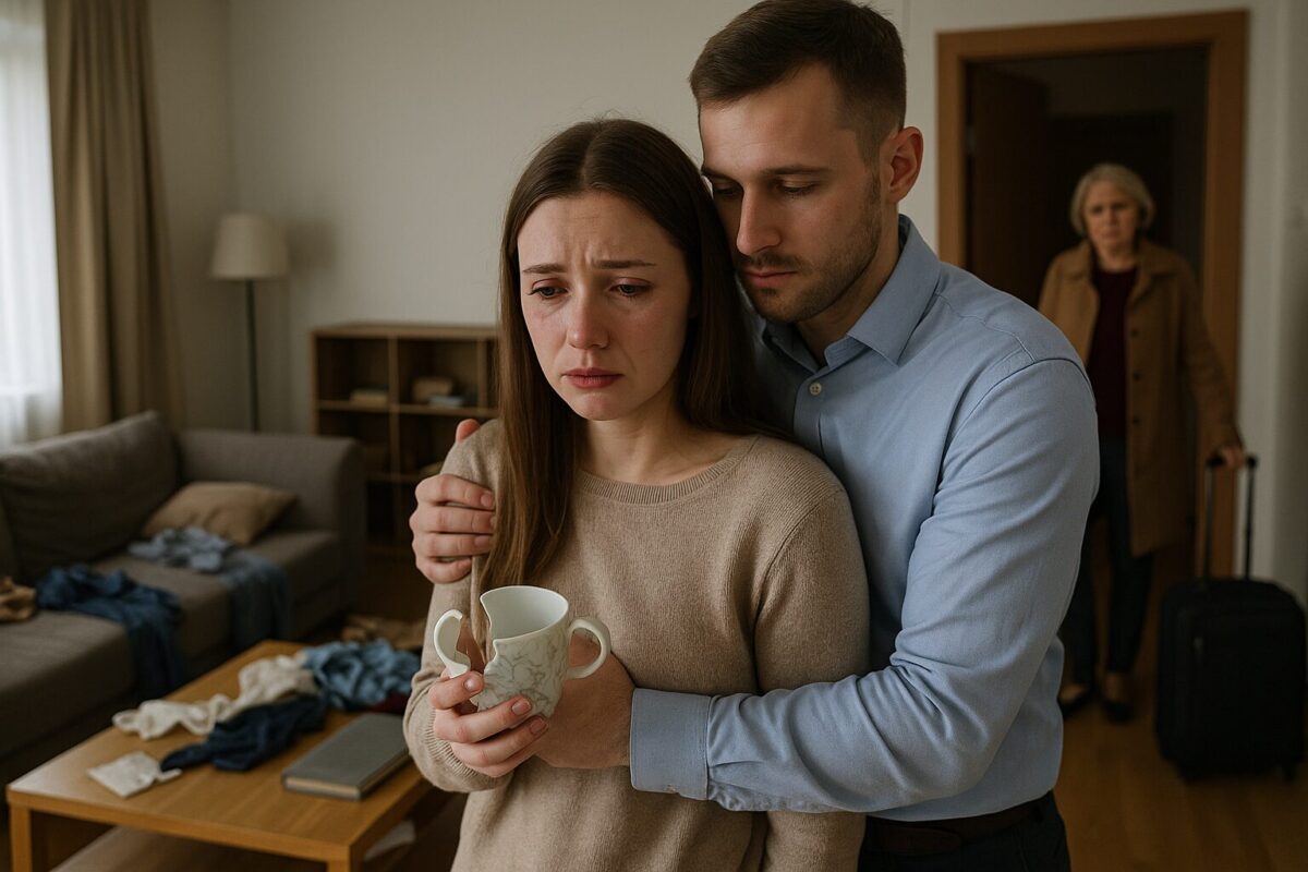 Муж обнимает жену на фоне беспорядка, свекровь уходит с чемоданом.