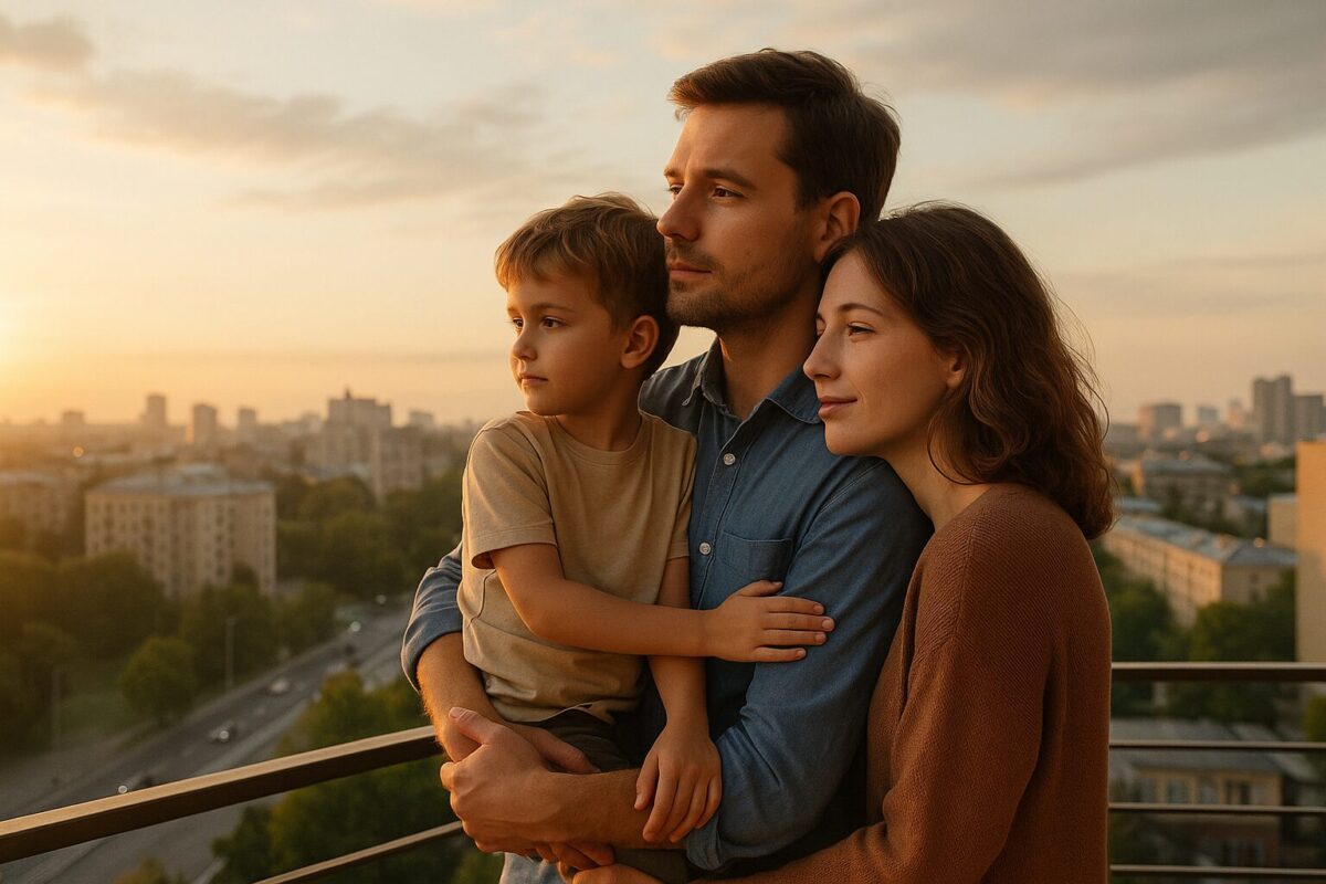 Мужчина обнимает мальчика и женщину на фоне утреннего города — семья, обретённая через боль.