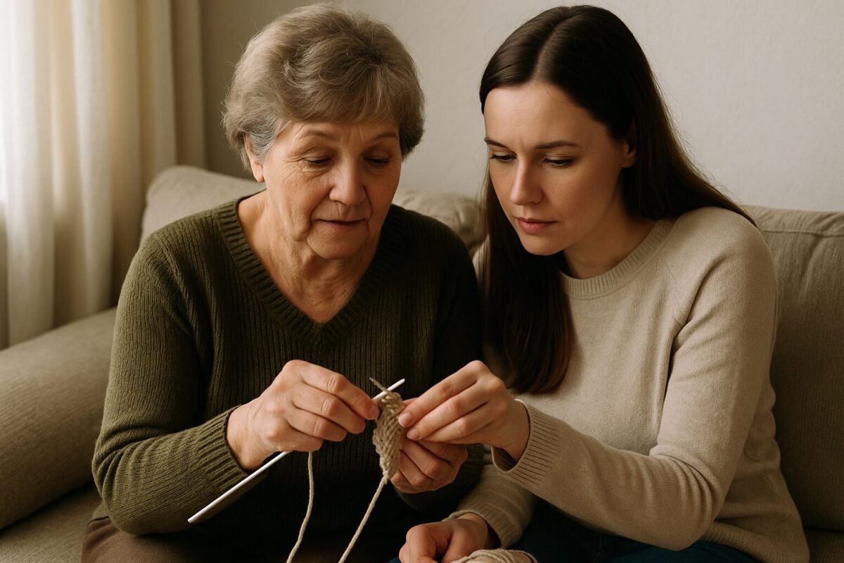 Пожилая женщина учит молодую вязать на диване — символ примирения, заботы и нового начала.