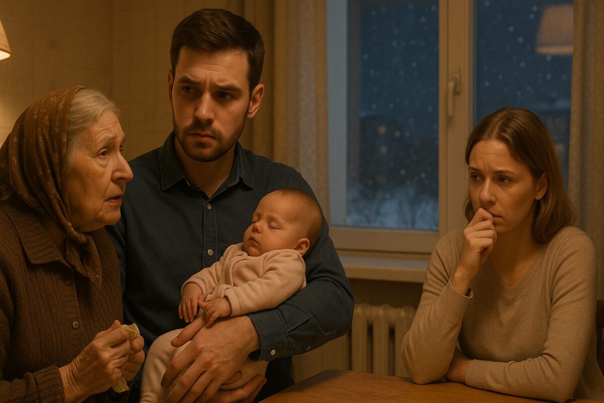 Мужчина держит младенца, рядом обеспокоенные бабушка и жена в тёплой кухне зимой.