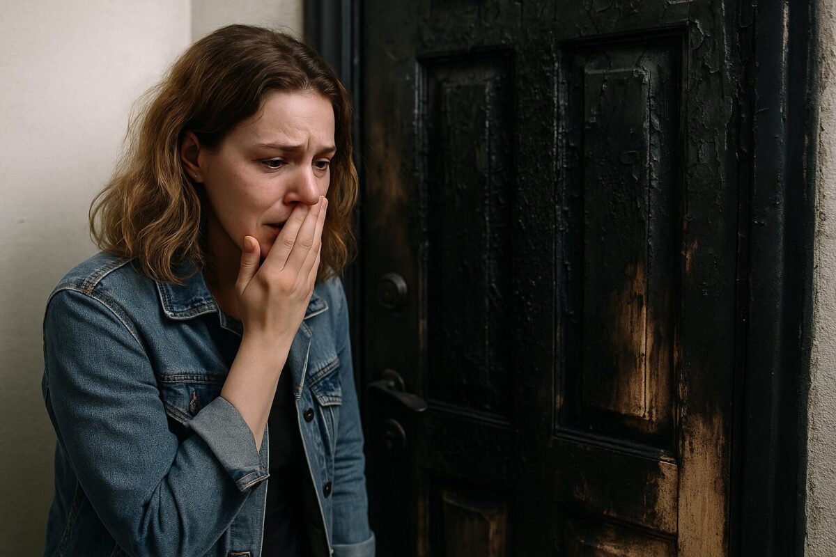 Марина в слезах на фоне черной, обгоревшей входной двери