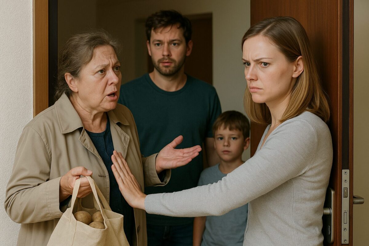Анна закрывает дверь перед матерью с сумкой, за спиной — муж и ребёнок.