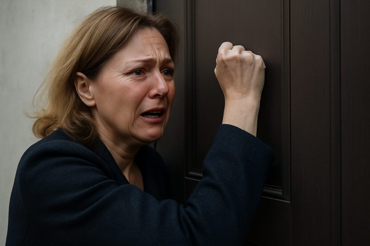 Женщина стучит в закрытую дверь квартиры, за которой её не впускают.