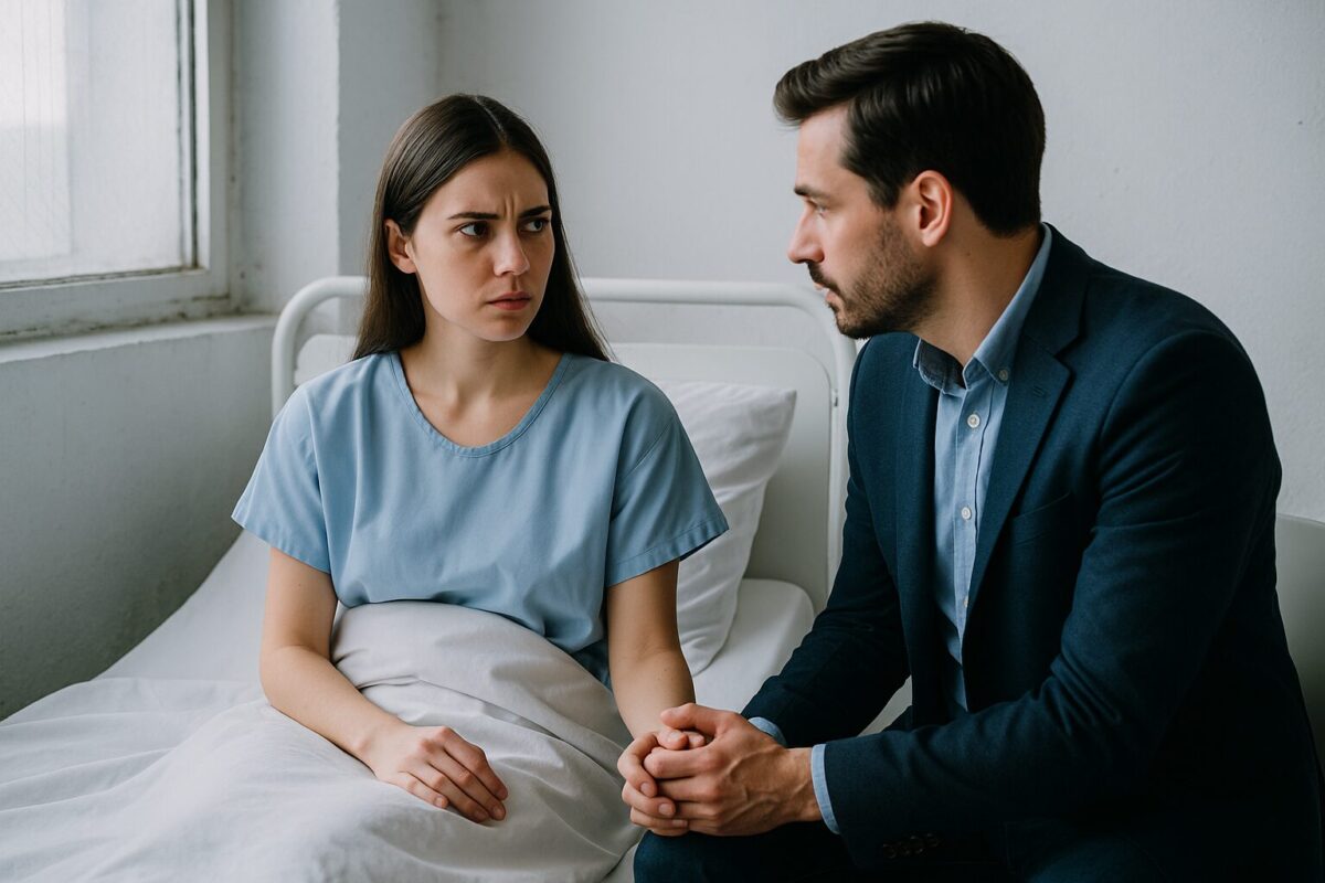 Женщина в больнице с недоверием смотрит на мужчину, назвавшегося её мужем.