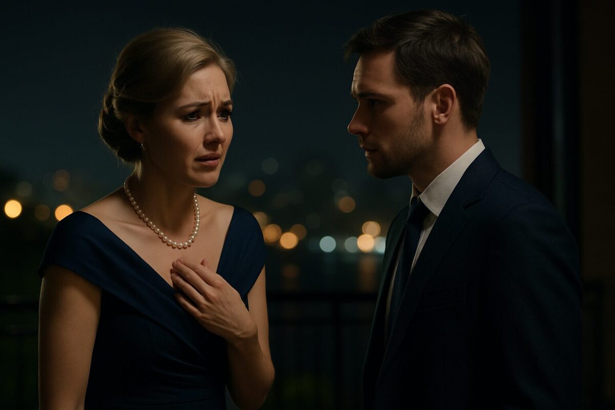 Женщина в вечернем платье и мужчина в костюме на тёмной террасе, напряжённый разговор.