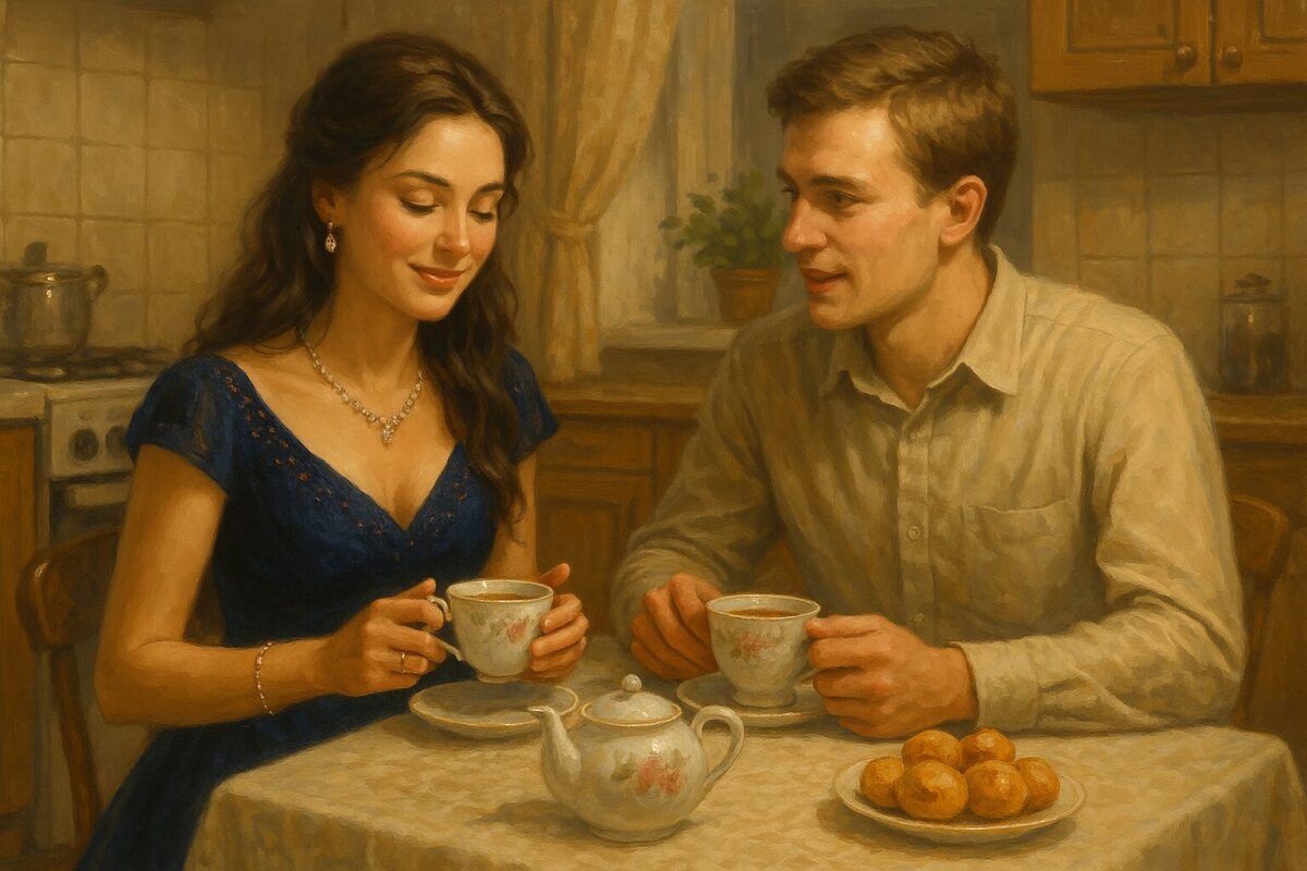 Марина в вечернем платье и Володя пьют чай в уютной кухне после корпоратива