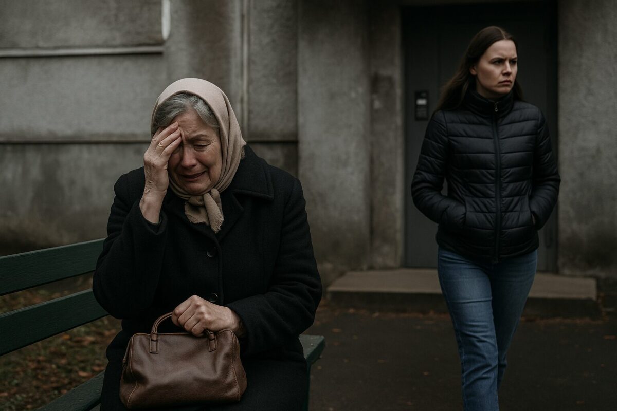 Женщина в слезах сидит у подъезда, пока другая уходит прочь, не оборачиваясь.