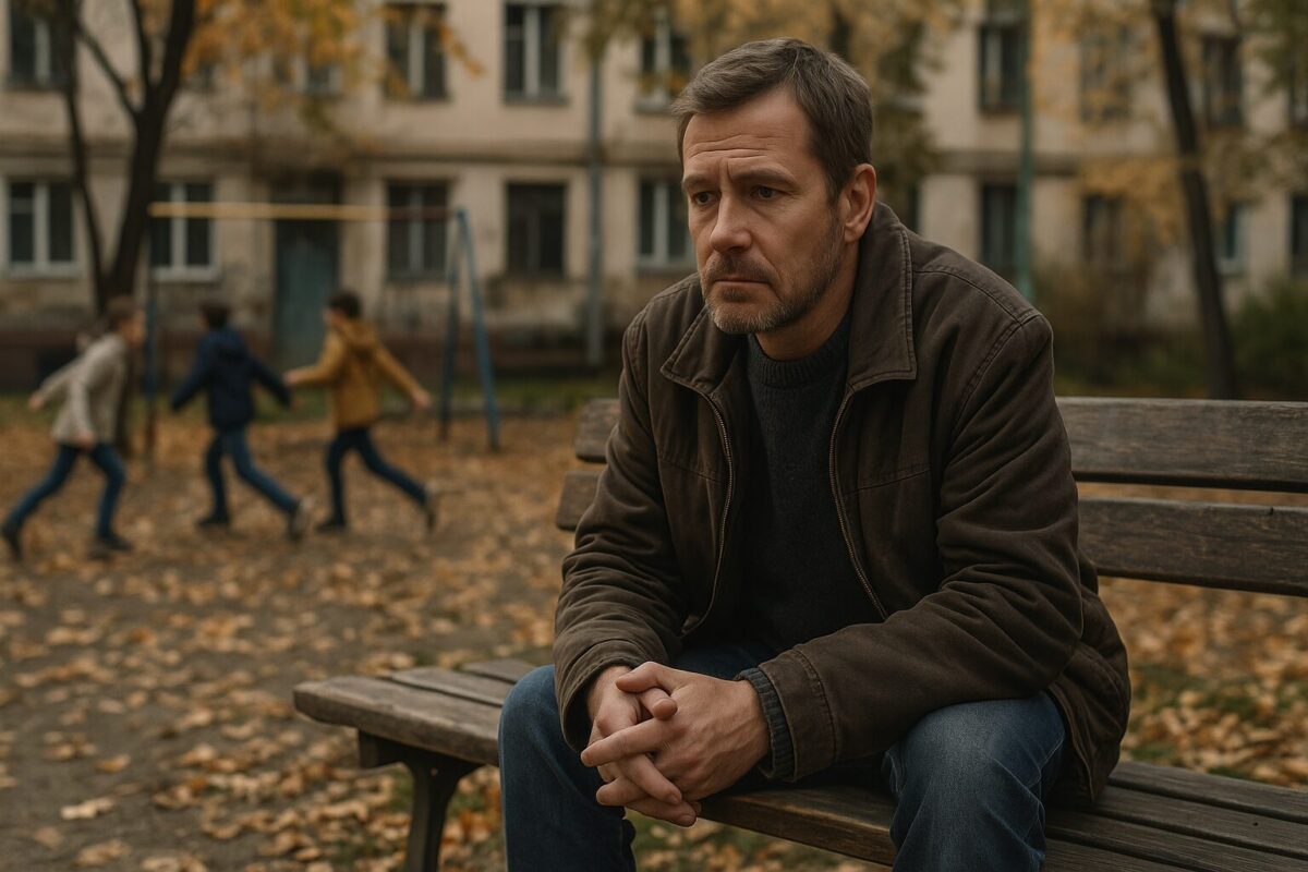 Мужчина средних лет сидит на лавочке во дворе, глядя на играющих детей.