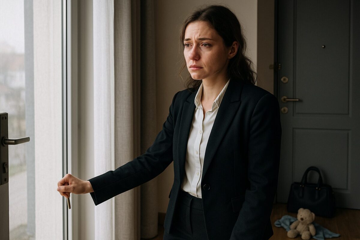 Женщина у окна в слезах и с вещами, запертая в квартире.