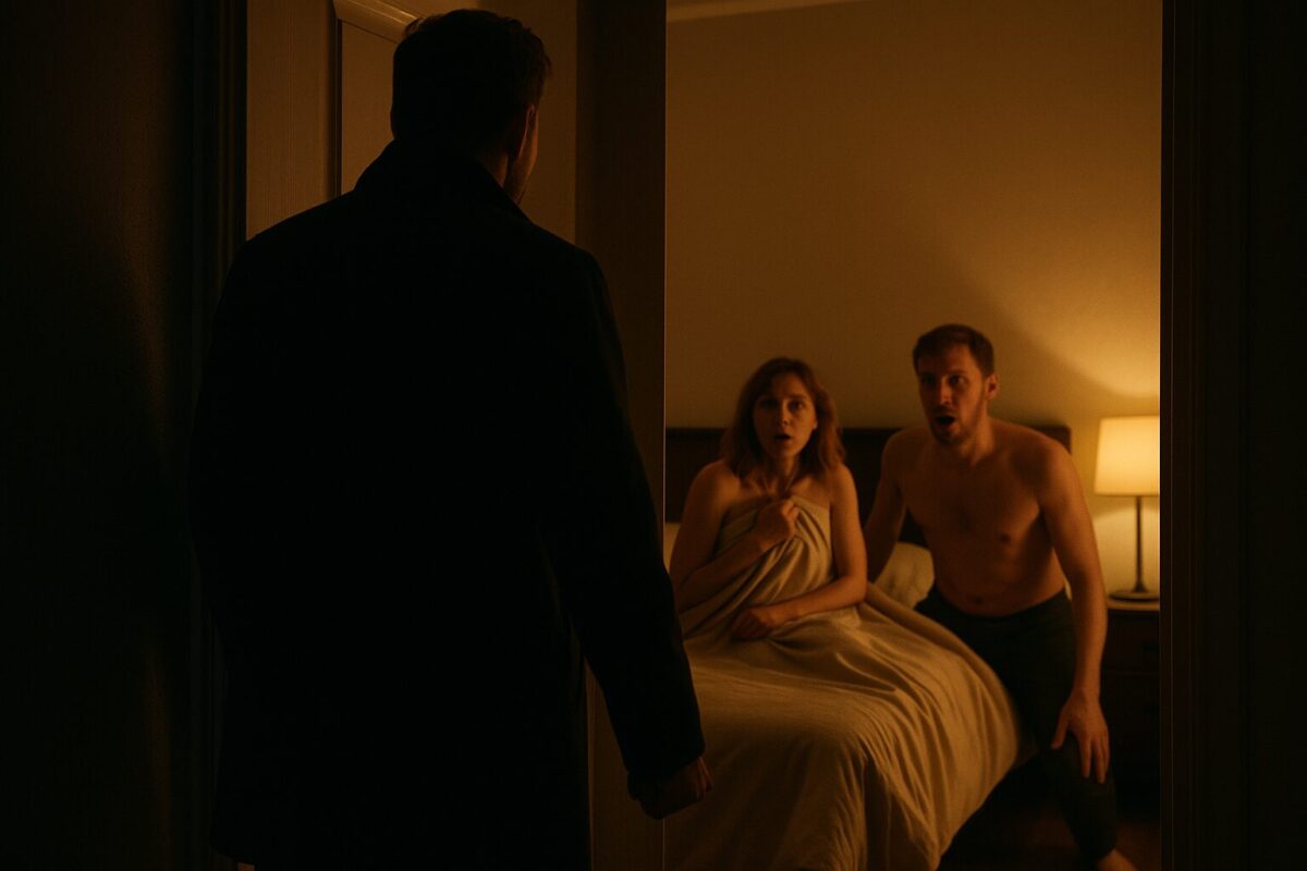 Муж застал жену с другим мужчиной в их спальне.