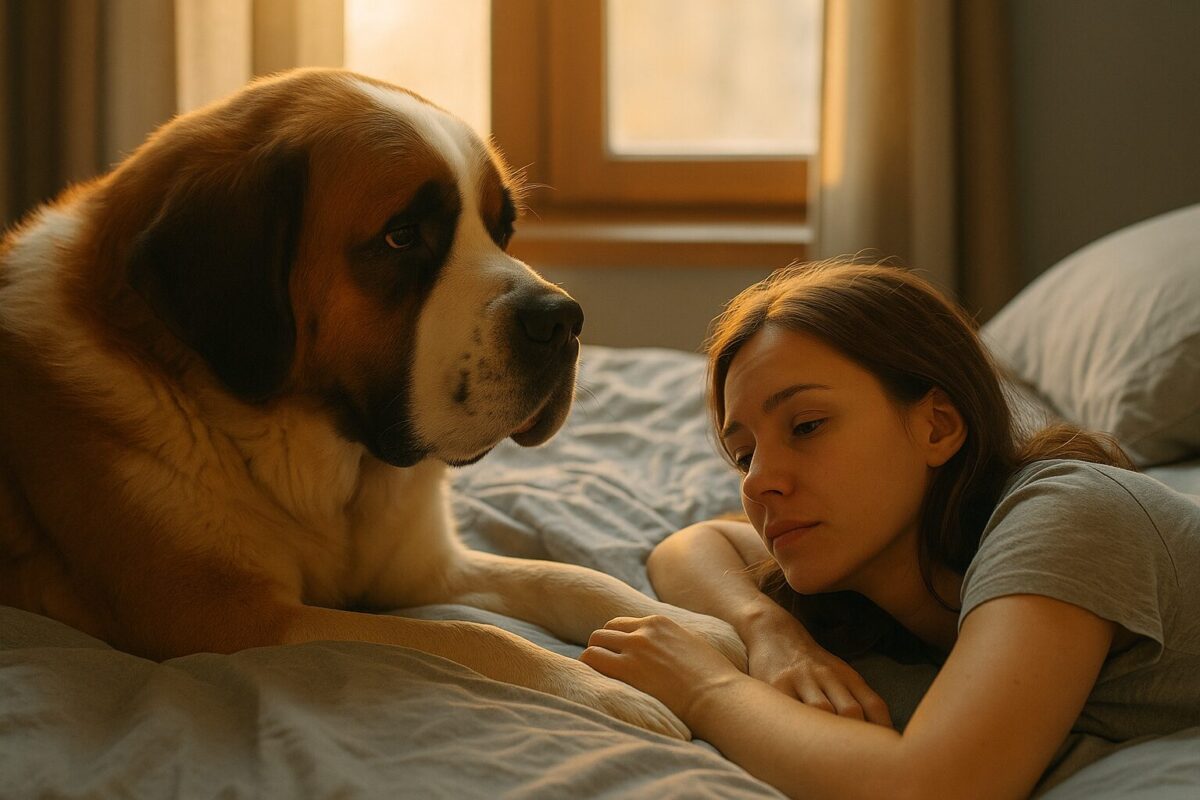 Сенбернар кладёт голову на колени женщины, освещённой утренним светом.