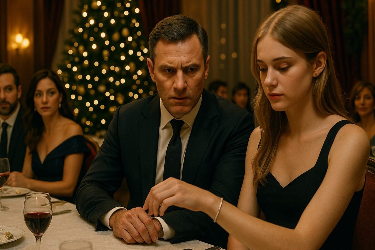 Мужчина в дорогом костюме с напряжённым лицом смотрит на запястье молодой девушки в чёрном платье, где блестит серебряный браслет; вокруг них — празднично украшенный ресторан, ёлка, огни и наблюдающие гости, атмосфера наполнена напряжением и узнаваемой тревогой.