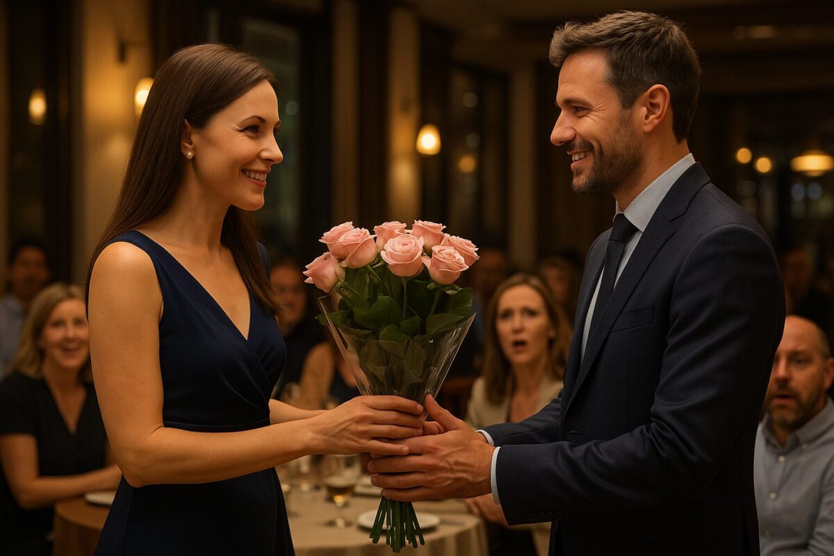 Женщина на встрече выпускников принимает букет от одноклассника.