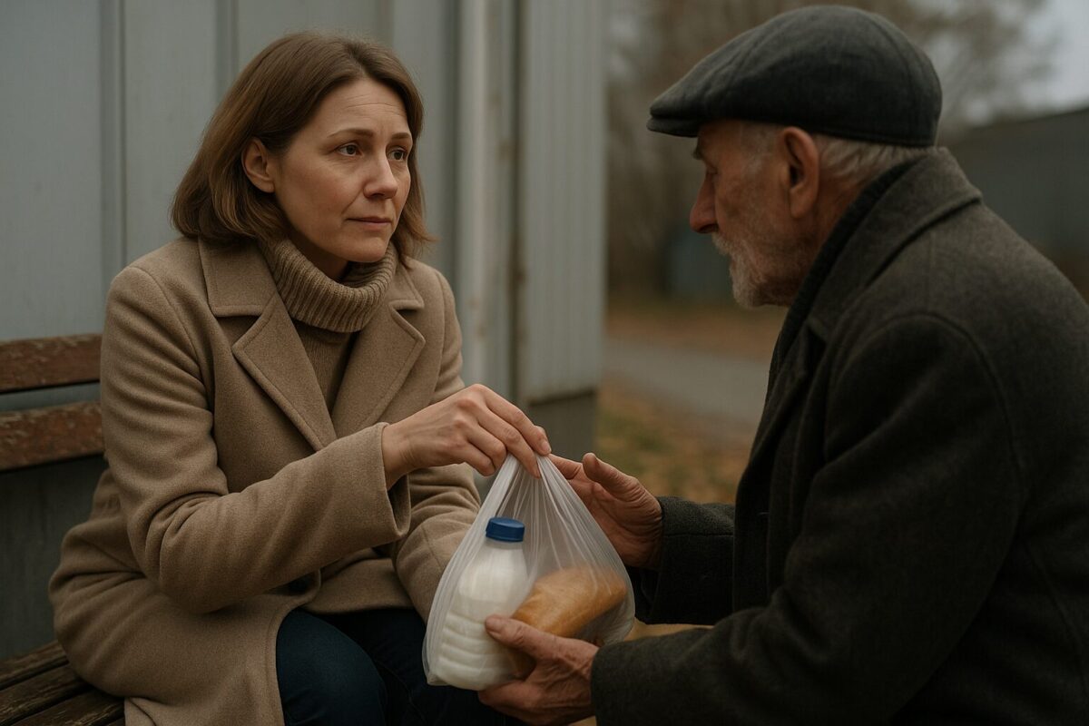 Женщина за магазином передаёт еду пожилому мужчине в пальто.