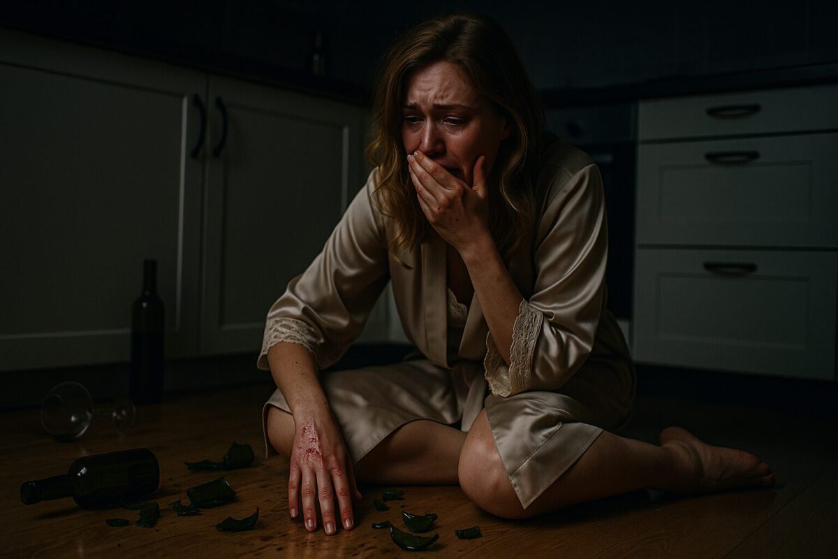 Женщина на полу среди разбитых бутылок, плачет в темноте кухни.