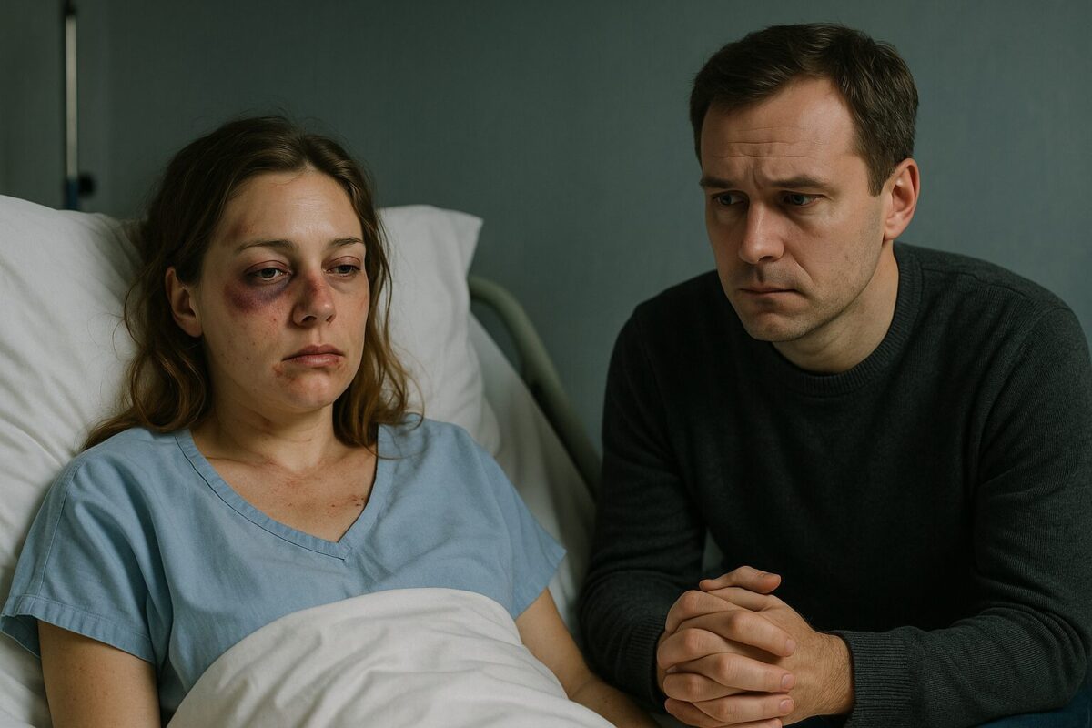 Марина лежит в больнице с синяками, рядом молча сидит Павел с тревогой в глазах.