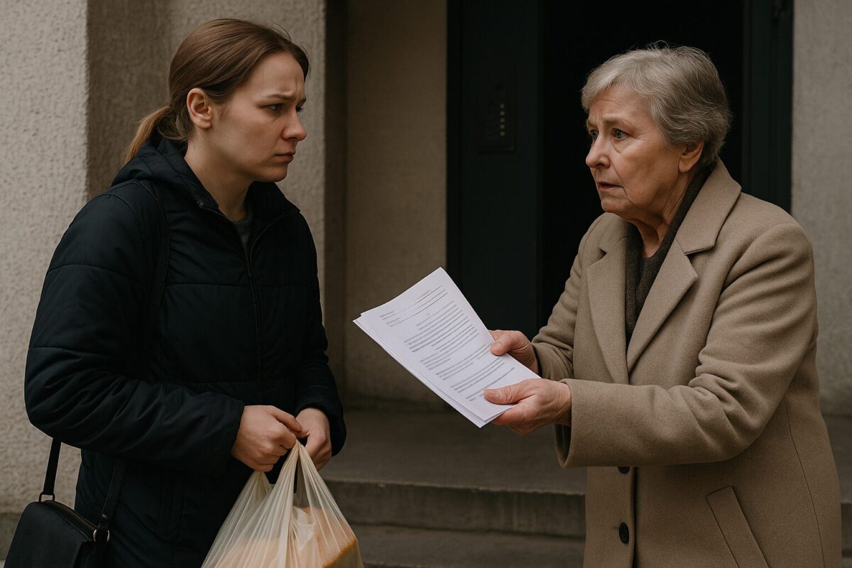 Женщина с пакетом у подъезда, напротив пожилая свекровь с документами и отчаянием в глазах