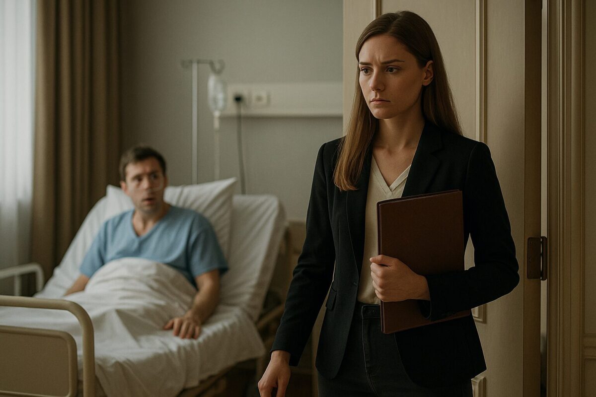 Женщина с папкой у двери больничной палаты, мужчина в постели смотрит на неё в отчаянии.