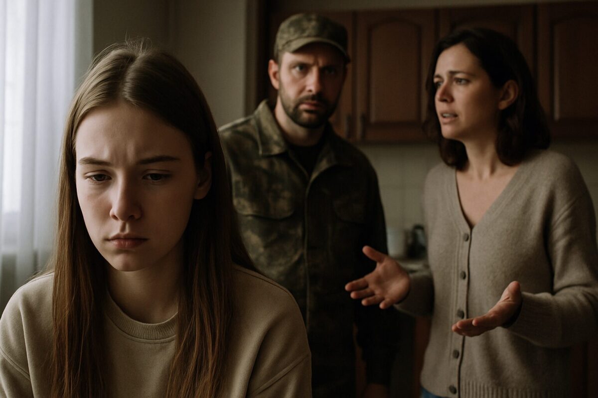 Подросток с грустным лицом на фоне родителей в напряжённой сцене семейного конфликта.