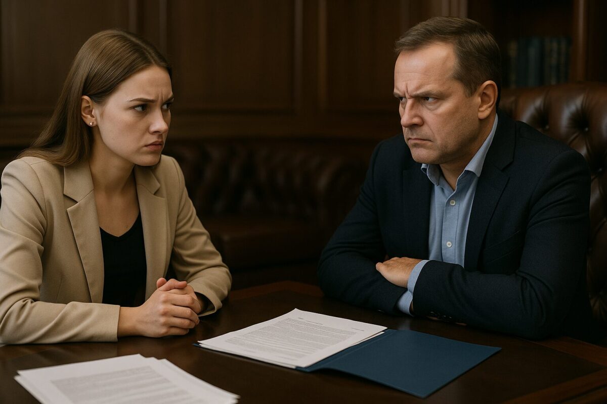 Молодая женщина и мужчина средних лет в напряжённом разговоре в дорогом кабинете с кожаной мебелью, документы на столе, эмоции напряжения и недоверия на лицах.