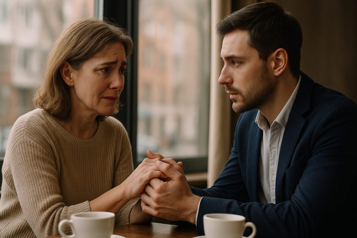 Женщина и молодой мужчина держатся за руки в кафе, глаза полны слёз и нежности.
