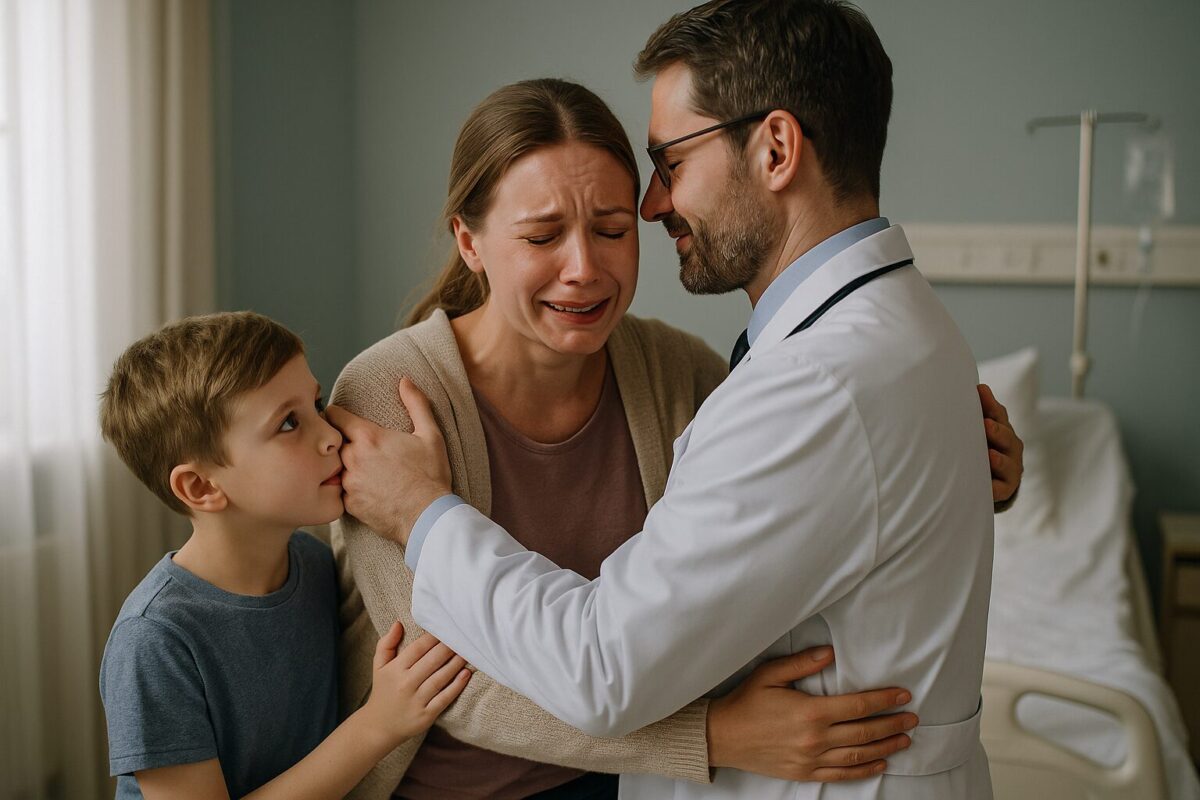 Женщина обнимает врача, а мальчик держит её за руку в больничной палате.
