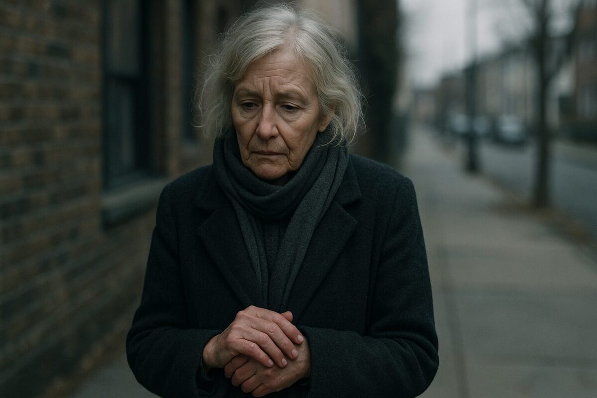 Пожилая женщина с седыми волосами и усталым выражением лица стоит одна на пустынной улице в сером пальто и шарфе; её покрасневшие от холода руки сжаты, атмосфера холодная и одинокая.