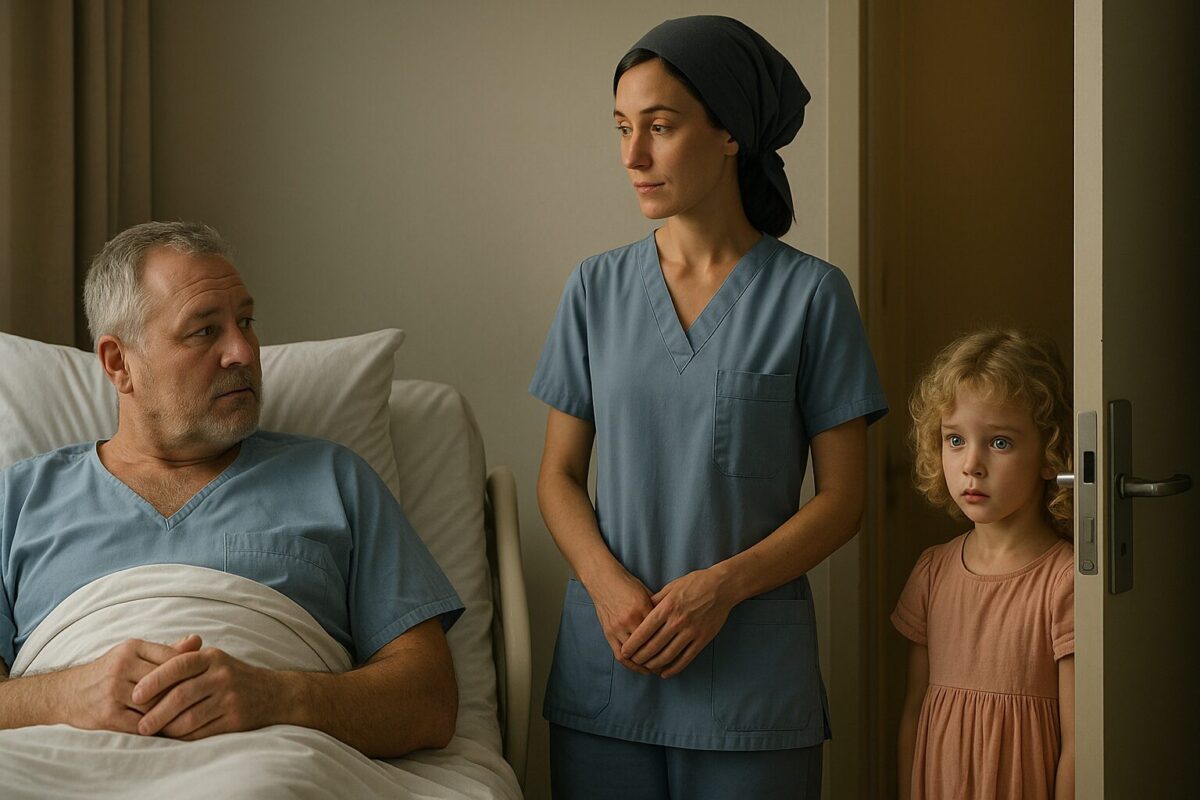 Больничная палата: мужчина после операции лежит в кровати, рядом стоит медсестра, в дверях робко выглядывает маленькая девочка.