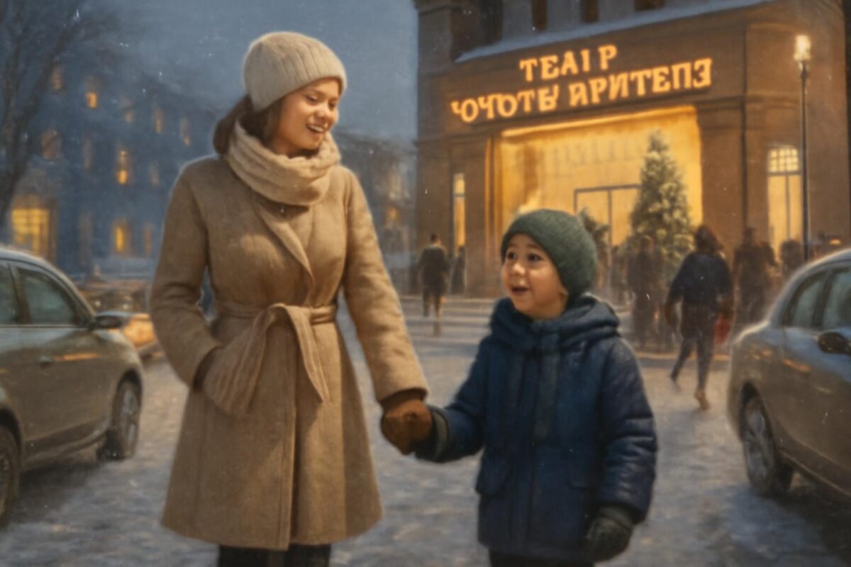 «Наталья, женщина 35 лет, держит за руку сына Серёжу, 8 лет, на заснеженной улице перед Театром юного зрителя. Люди спешат на новогодний спектакль, вокруг припаркованы машины, мягкий зимний свет.»