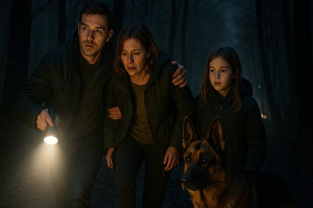 Роман с фонарём помогает Свете с травмированной ногой; рядом Алена и охотничья собака в ночном лесу — момент спасения и надежды.