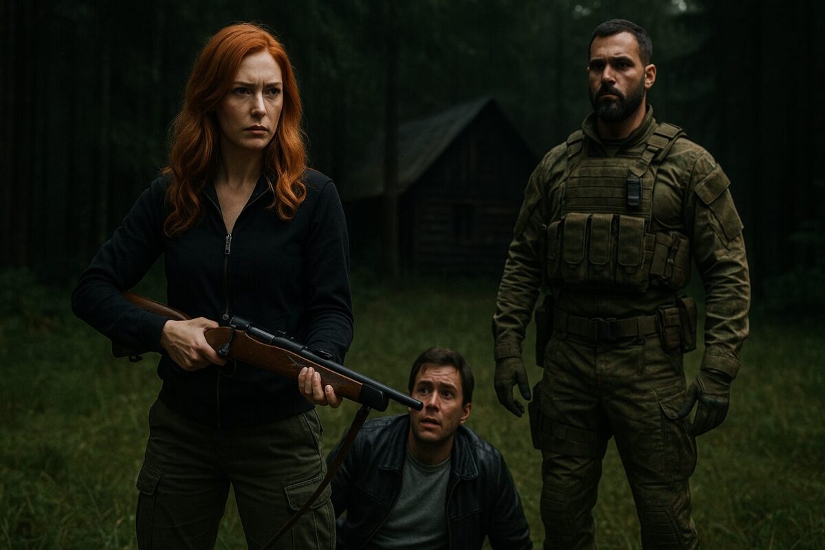 Катерина с карабином и Олег на поляне рядом с поверженным Сергеем у лесного домика