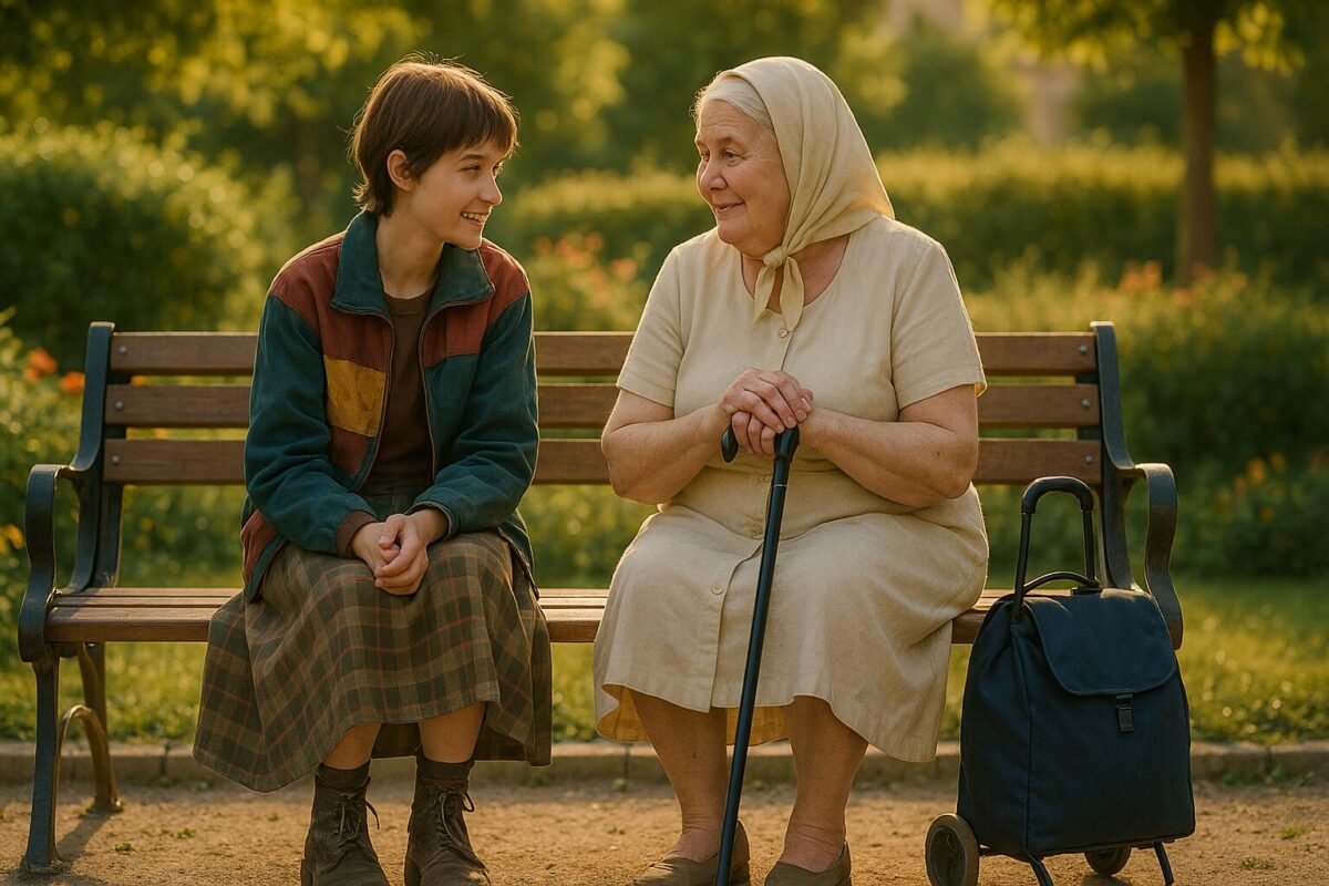 Молодая девушка 16 лет в старой разноцветной куртке и длинной клетчатой юбке сидит на скамейке в парке рядом с пожилой женщиной в светлом платье и платке с тростью и сумкой на колёсиках. Летний день, зелень и цветы на фоне, атмосфера дружбы и доверия