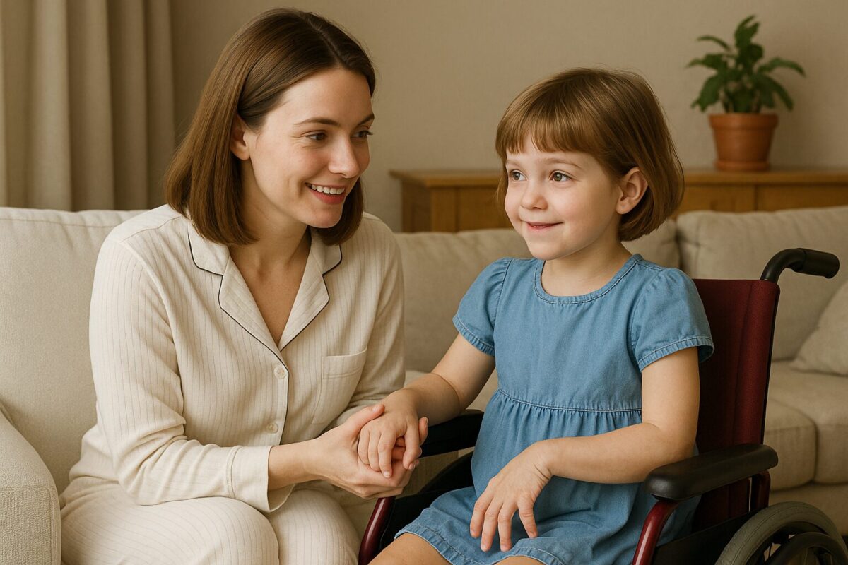 Вера обнимает улыбающуюся Свету в инвалидной коляске у жёлтого здания интерната; рядом водитель Виктор машет рукой — удочерение, приют, новая семья.