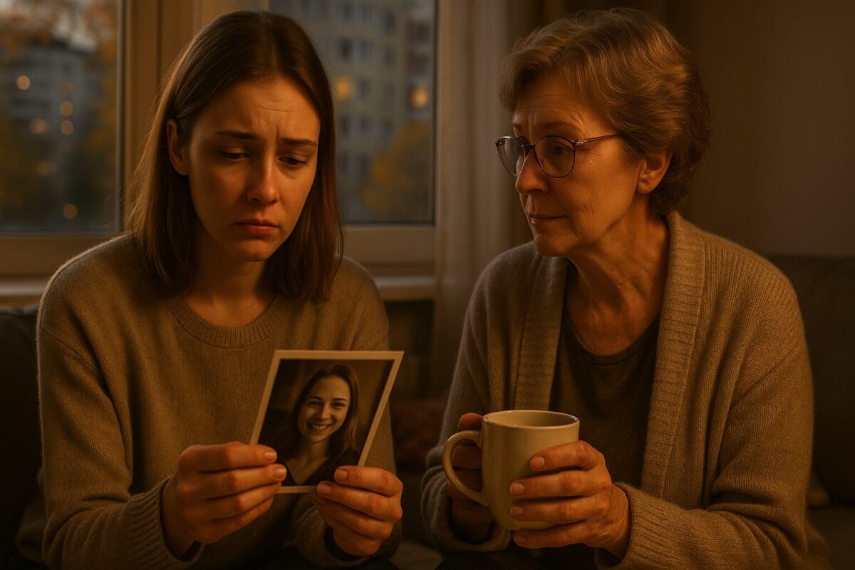 Осенний вечер, многоэтажка в спальном районе. Женщина с грустным взглядом держит в руках фотографию, рядом соседка с чашкой чая.
