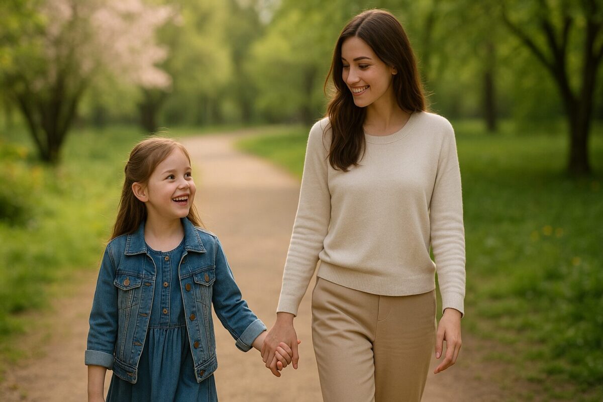 «Молодая женщина и девочка гуляют в весеннем парке, держась за руки. Атмосфера тепла, уюта и доверия, мягкое освещение, реализм.»