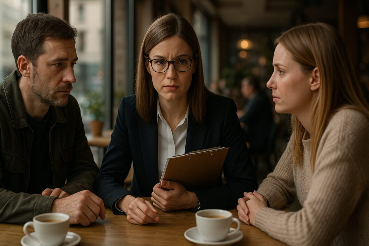 Женщина-специалист из опеки беседует с родителями в кафе, атмосфера напряжённости и надежды.